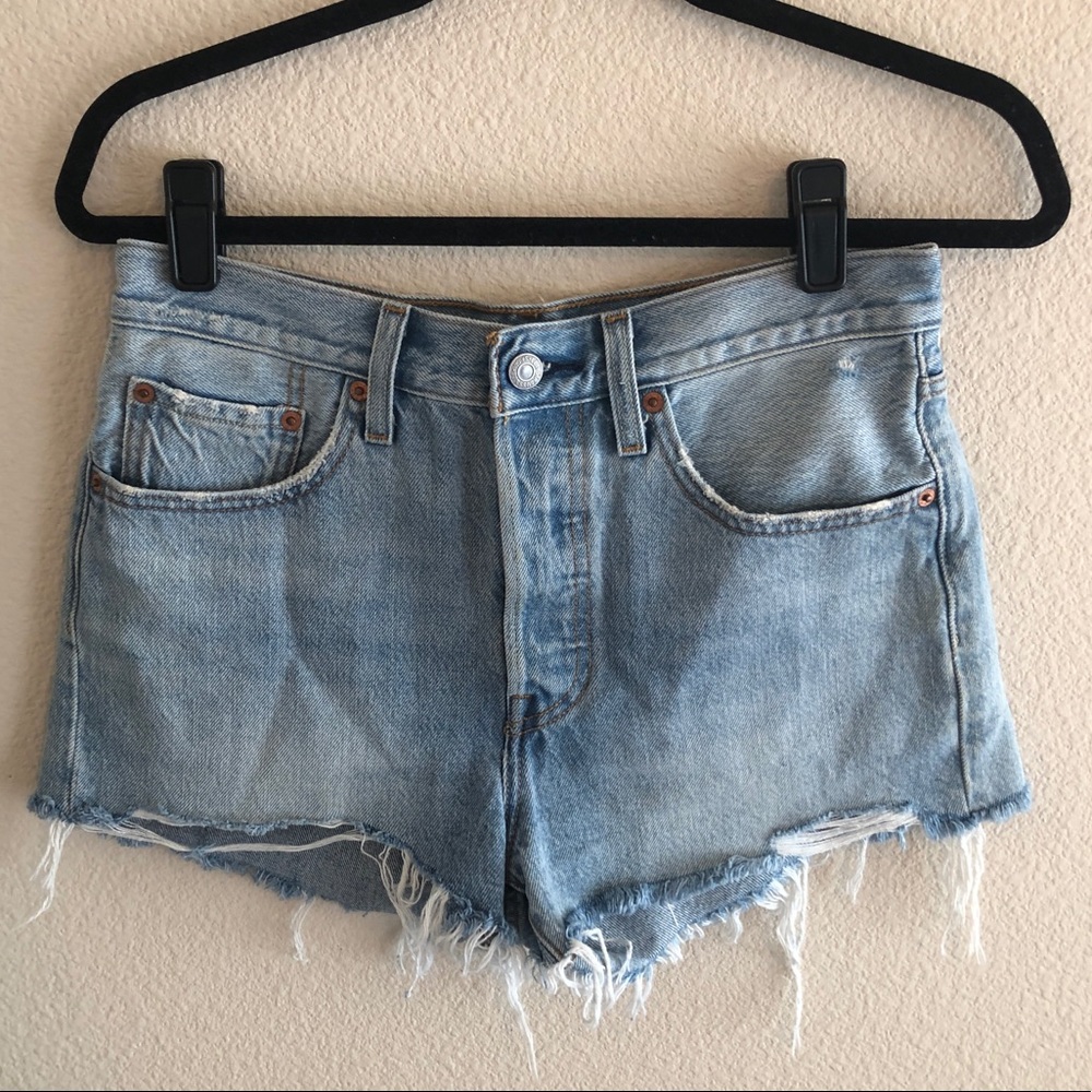 Levi’s 501 button fly distressed denim high waist shorts